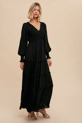 Black Smocked Ruffle Tiered Maxi Dress