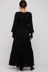 Black Smocked Ruffle Tiered Maternity Maxi Dress