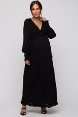 Black Smocked Ruffle Tiered Maternity Maxi Dress