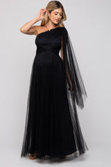 Black One Shoulder Pleated Mesh Maternity Gown