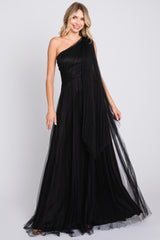 Black One Shoulder Pleated Mesh Maternity Gown