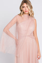 Light Pink One Shoulder Pleated Mesh Gown