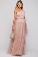 Light Pink One Shoulder Pleated Mesh Maternity Gown