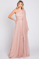 Light Pink One Shoulder Pleated Mesh Gown