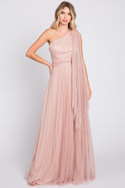 Light Pink One Shoulder Pleated Mesh Gown