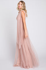 Light Pink One Shoulder Pleated Mesh Gown