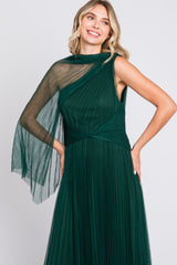 Forest Green One Shoulder Pleated Mesh Gown