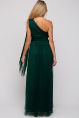 Forest Green One Shoulder Pleated Mesh Maternity Gown