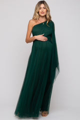 Forest Green One Shoulder Pleated Mesh Maternity Gown