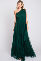 Forest Green One Shoulder Pleated Mesh Maternity Gown