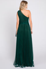 Forest Green One Shoulder Pleated Mesh Gown