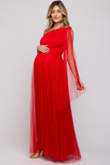 Red One Shoulder Pleated Mesh Maternity Gown