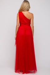 Red One Shoulder Pleated Mesh Maternity Gown