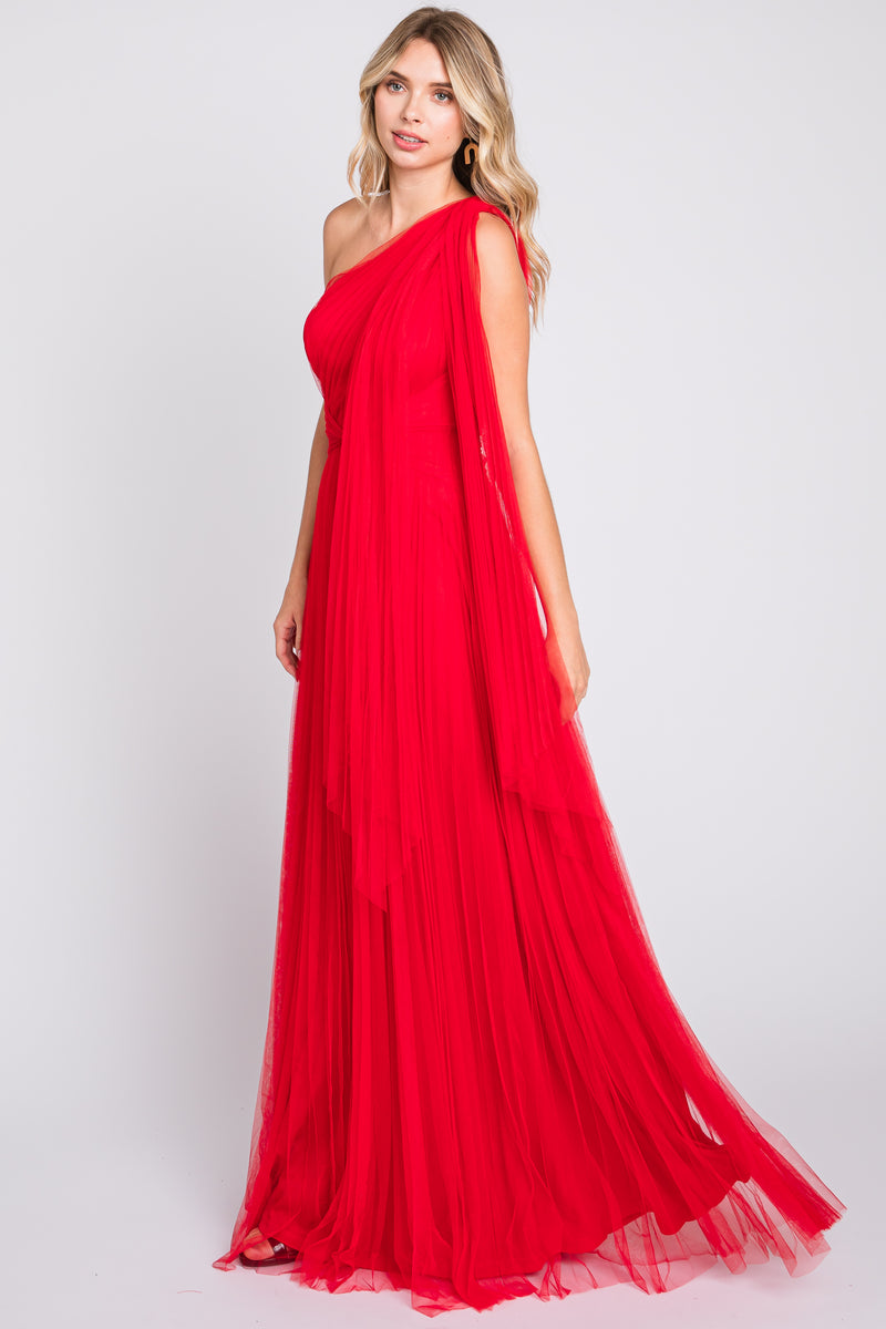 Red One Shoulder Pleated Mesh Gown Pinkblush 0746