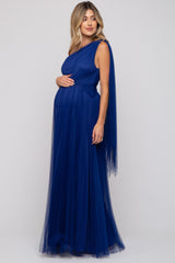 Royal Blue One Shoulder Pleated Mesh Maternity Gown