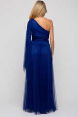 Royal Blue One Shoulder Pleated Mesh Maternity Gown