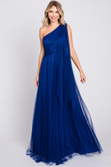 Royal Blue One Shoulder Pleated Mesh Maternity Gown