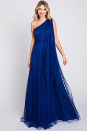 Royal Blue One Shoulder Pleated Mesh Gown