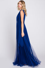 Royal Blue One Shoulder Pleated Mesh Gown