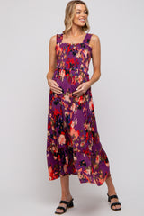 Plum Printed Smocked Maternity Midi Dress