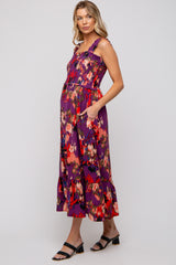 Plum Printed Smocked Maternity Midi Dress