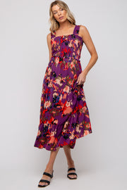 Plum Printed Smocked Maternity Midi Dress