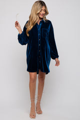 Teal Velour Button Up Long Sleeve Maternity Dress