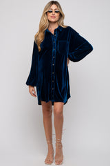 Teal Velour Button Up Long Sleeve Maternity Dress