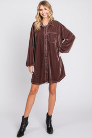 Mocha Velour Button Up Long Sleeve Dress