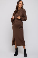 Brown Knit Long Sleeve Crop Top Maternity Midi Skirt Set