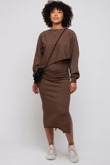 Brown Knit Long Sleeve Crop Top Midi Skirt Set