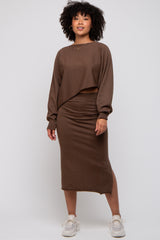 Brown Knit Long Sleeve Crop Top Midi Skirt Set