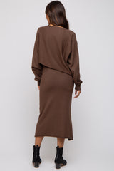 Brown Knit Long Sleeve Crop Top Maternity Midi Skirt Set