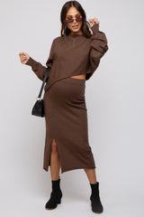 Brown Knit Long Sleeve Crop Top Maternity Midi Skirt Set