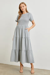 Blue Grey Textured Woven Tiered Midi Dress