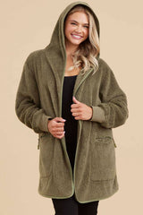 Olive Fuzzy Knit Hooded Jacket