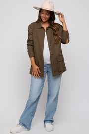 Olive Front Pocket Collared Maternity Jacket