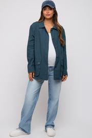 Dark Teal Front Pocket Collared Maternity Jacket