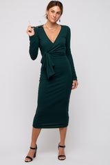 Forest Green Ribbed Long Sleeve Wrap Dress