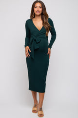 Forest Green Ribbed Long Sleeve Maternity Wrap Dress