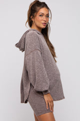 Brown Ribbed Maternity Hooded Biker Short Set