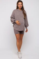 Brown Ribbed Maternity Hooded Biker Short Set