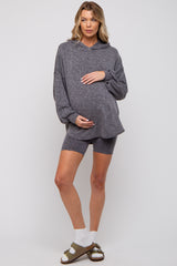 Charcoal Ribbed Maternity Hooded Biker Short Set