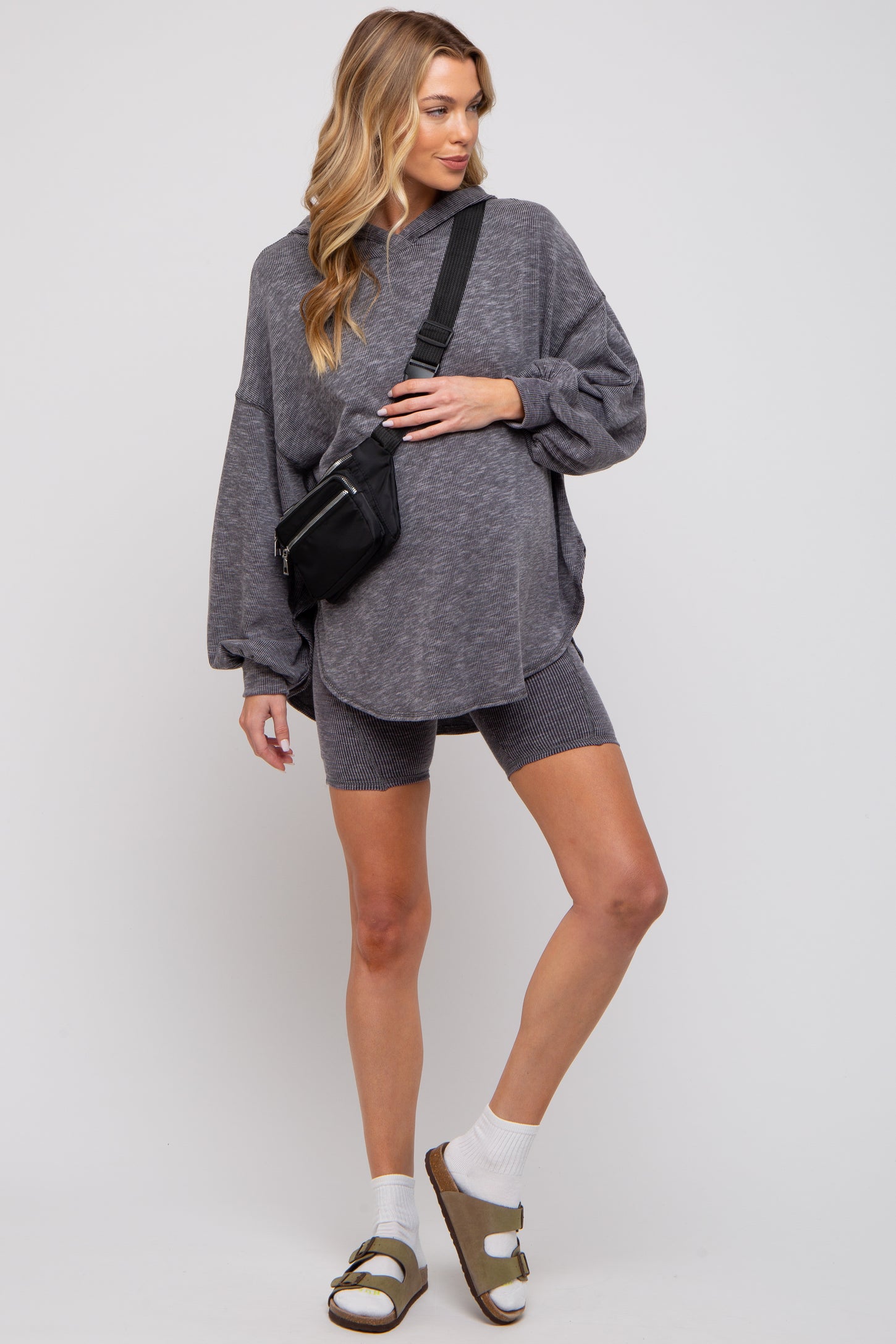 Charcoal Ribbed Maternity Hooded Biker Short Set– PinkBlush