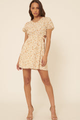 Vanilla Floral Round Neck Button Keyhole Back Mini Dress