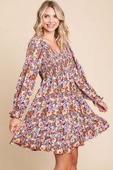 Brown Floral Smocked V-Neck Dress