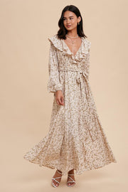 Cream Floral Ruffle V-Neck Wrap Front Maxi Dress