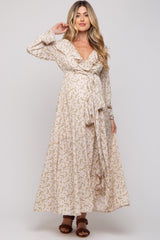 Cream Floral Ruffle V-Neck Wrap Front Maternity Maxi Dress