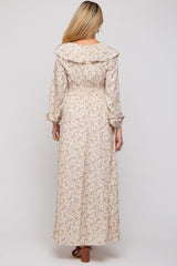 Cream Floral Ruffle V-Neck Wrap Front Maternity Maxi Dress