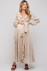 Cream Floral Ruffle V-Neck Wrap Front Maternity Maxi Dress